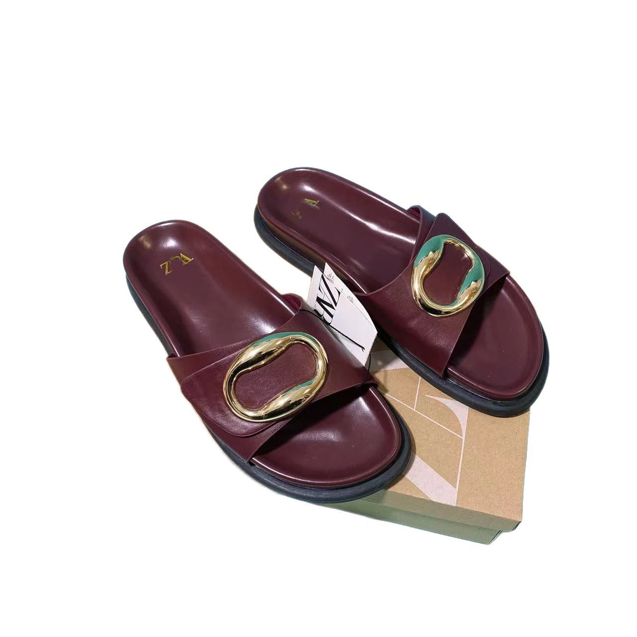 Shoes Women's Round Toe Thick Sole Slippers Simple Versatile Solid Color Metal Hardware Round Buckle Comfortable Footwear_voghion.com