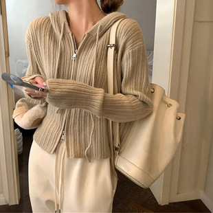 Autumn New Korean-style Short Double Zipper Hooded Knitted Cardigan Women's Loose Slimming Casual Sweater Coat Women