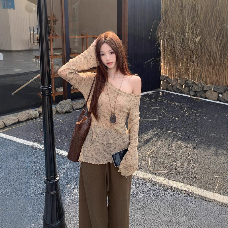 Gradient Style Off-Shoulder Long-Sleeve T-Shirt for Women, Irregular Slimming Base Shirt with Ruffled Edge, Off-Shoulder Knit Top + Pants