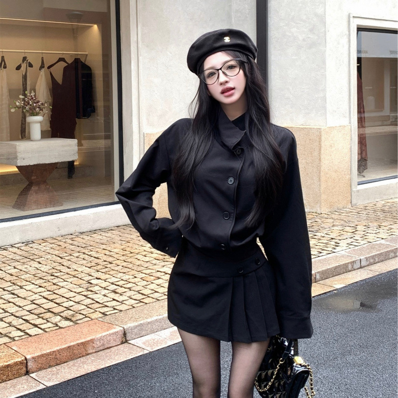 昕可达 贝克街魔女 复古格纹立领设计长袖连衣裙单排扣辣妹短裙|undefined