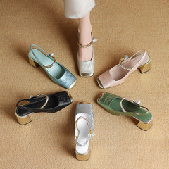 新中式國風系列！2024新款粗跟頭層牛皮包頭後空涼單鞋大小碼6色