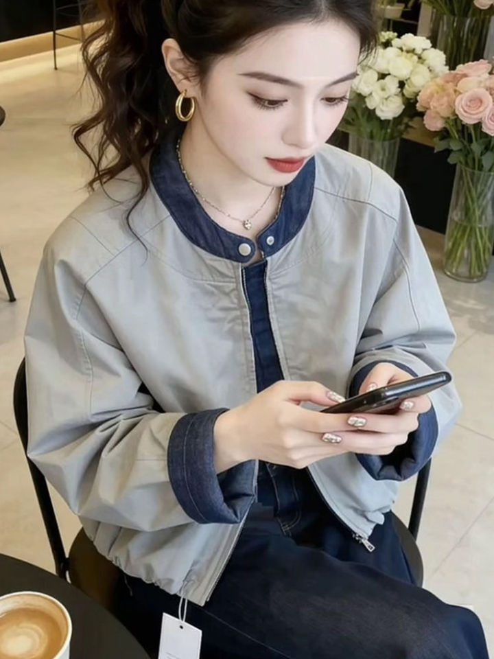 Áo khoác ngắn denim phối màu dáng rộng cổ đứng dài tay nữ — màu xám