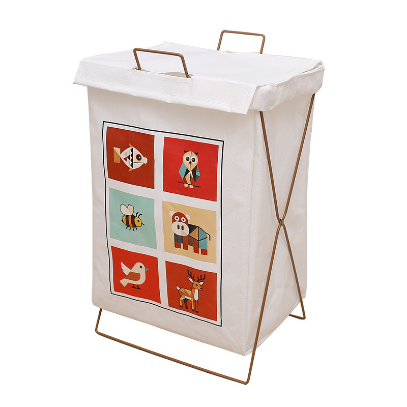 Waterproof cotton linen laundry basket laundry basket clothes storage basket Japanese simple iron bracket fabric folding laundry basket bucket