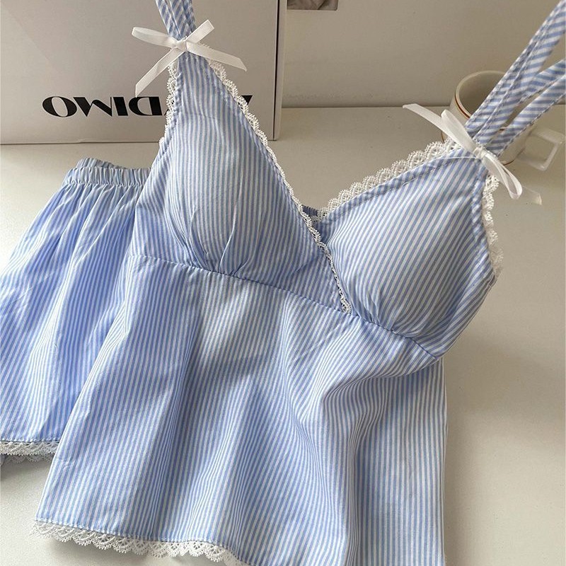 Pantalones cortos con cojín de pecho pijama de verano nuevo algodón nube de alta sensación de chicas polvo a rayas set de ropa para el hogar