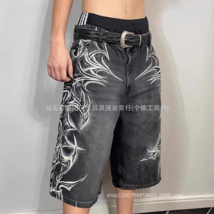 Cross-Border Manufacturer Direct Sales American Casual Jeans Men's Summer Loose Straight Hip-Hop Hip-Hop Wide-Leg Denim Shorts