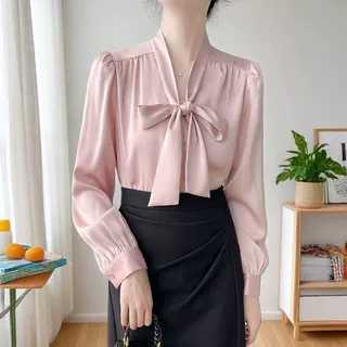 法式女蝴蝶结缎面长袖衬衫女2025春装感小众通勤职业气质飘带上衣