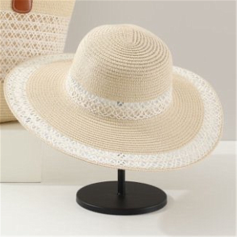 Korean-style lace-up bow straw hat foldable parent hat hand hook large brim sunshade hat concave shape female