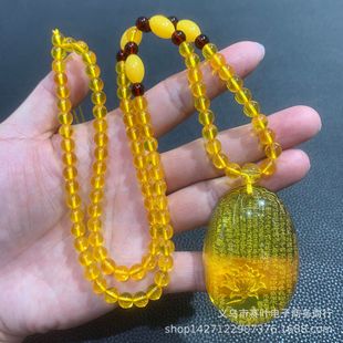 Live Amber Engraved Scripture Beeswax Heart-sutra Pendant Gold Perer Water Drop Guanyin Carved Buddha-Free Card Pendant Necklace