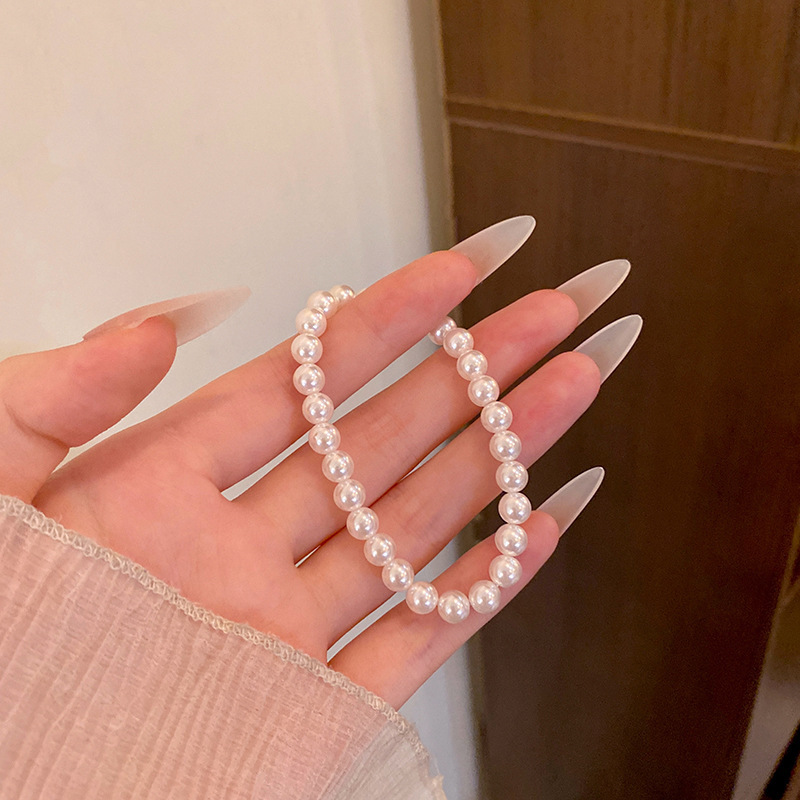 施家奶白正圆强光珍珠手链女款弹力绳叠戴手串不掉皮不掉色手饰品|undefined