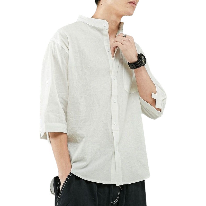 Camisa de lino de manga corta de verano camisa blanca suelta estilo chino de algodón y lino de media manga recortada volantes ropa de hombre guapo