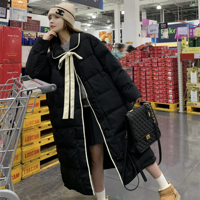 Down Jacket Women's Mid-Length Over-The-Knee 2023 Winter New Korean Style Preppy Style Thickeneded Bread Outwear White Duck down Jacket