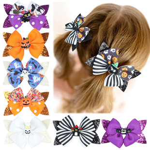 European and American New Children's Bow Hairpin Halloween Decoration Double Sequins Bow Hairpin Pumpkin Head Spider