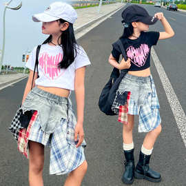 女童夏季拼接牛仔裤裙洋气爱心镂空短袖新款时髦夏装小女孩两件套
