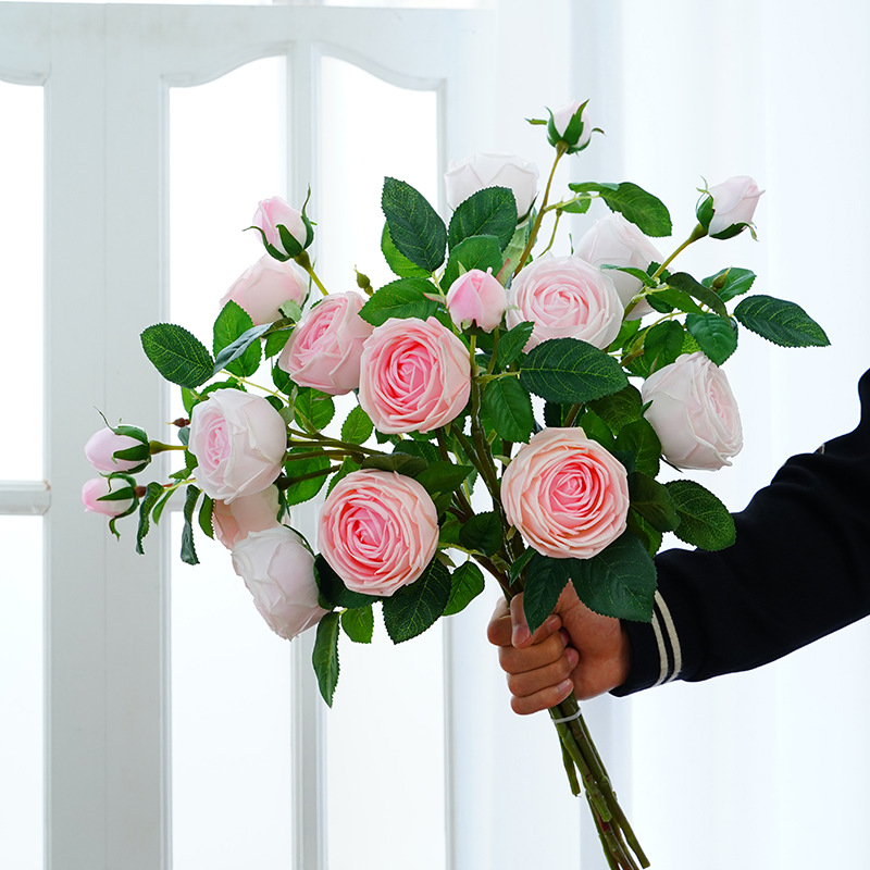 新款3頭手感保濕玫瑰仿真花 ins小清新客廳餐桌裝飾攝影道具假花