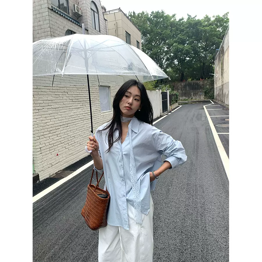 黄峥翻领蕾丝系带宽松长袖衬衫女2025春夏优雅别致时尚上衣510100
