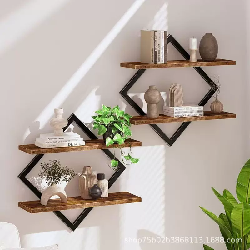 木质墙壁收纳架铁木结合整理架客厅墙上浮动隔板 复古双层收纳架