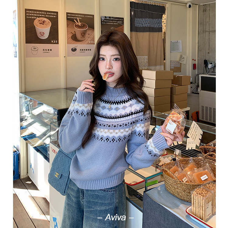 Nanyou Haute Couture Retro Fair Isle Jacquard Knitted Sweater for Women, Unique and Beautiful Miu-Style Wool Top for Christmas
