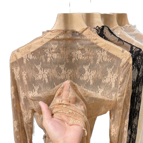 High-neck hollow-out lace base shirt for women: chic autumn sweater, sheer mesh inner layer, and sexy mesh top