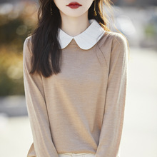 100精纺羊毛娃娃领针织衫长袖女2025年春夏新款拼色假两件打底衫