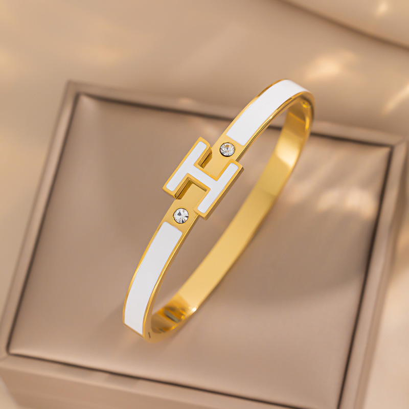 Titanium Steel H-Shaped Enamel Bracelet, Light Luxury Diamond-Encrusted Resin Bracelet, Trendy Versatile Accessory, Direct from the Source Factory