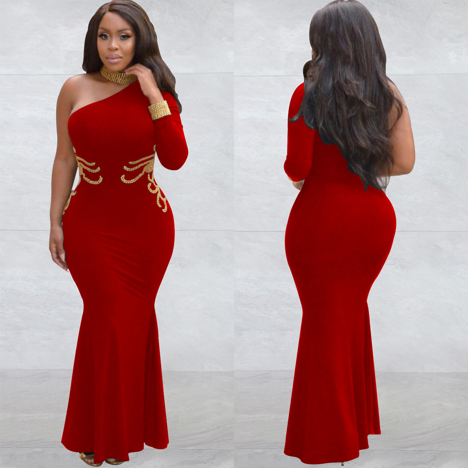 C6101 transfronterizo AliExpress amazon moda europea y americana de las mujeres de color sólido rhinestone de un solo hombro vestido de manga larga vestido image 5