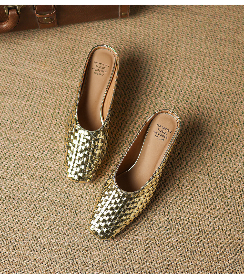 Sandal nữ mũi nhọn dệt vàng, gót 5 cm, phong cách thời trang — màu vàng chi tiết 20