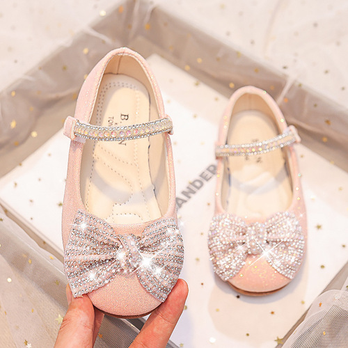 Princess Soft Sole Shoes for Girls 2024 Spring and Autumn New Children's Crystal Shoes Soft Sole with Bow and Water Diamond Baby Leather Shoes