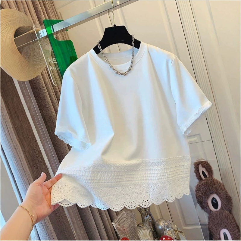 Cross-Border White Solid Color Cotton Lace Trim Plus Size 120kg French Lace Short-Sleeve T-Shirt Women's Loose-Fitting Top Cross-Border White Solid Color Cotton Lace Trim Plus Size 120kg French Lace Short-Sleeve T-Shirt Women's Loose-Fitting Top