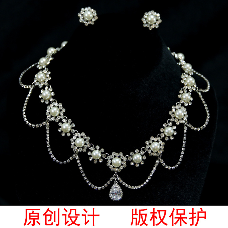 Korean-Style Sparkling Starry Flower Necklace and Earrings Set, Simple Bridal Wedding Dress Accessories, Banquet Jewelry