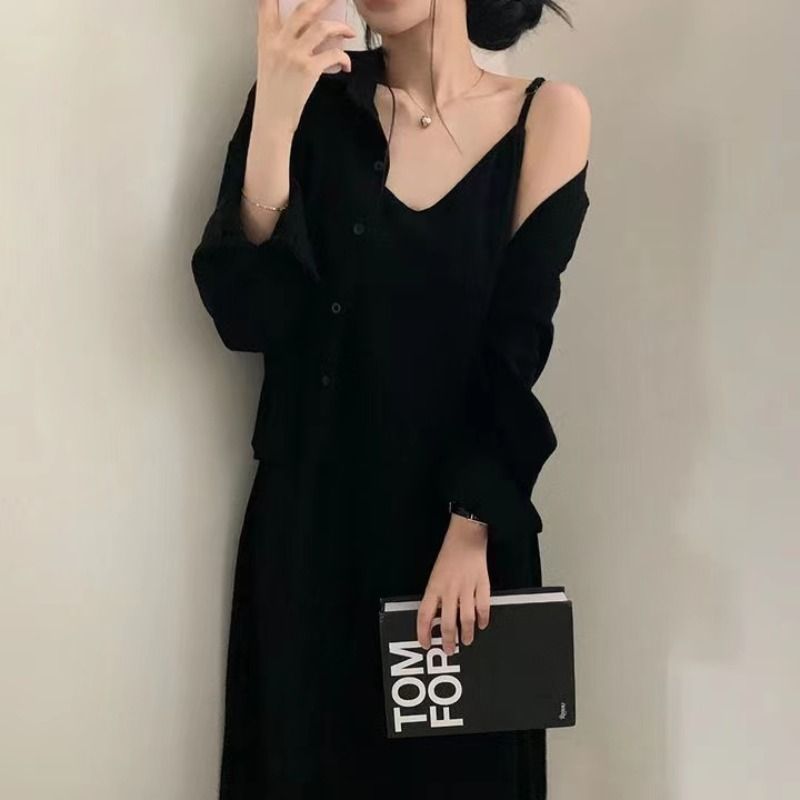 韓国版chi春秋フランスレトロ気質減齢セクシーストラップワンピースシャツコート2点セット女性|undefined