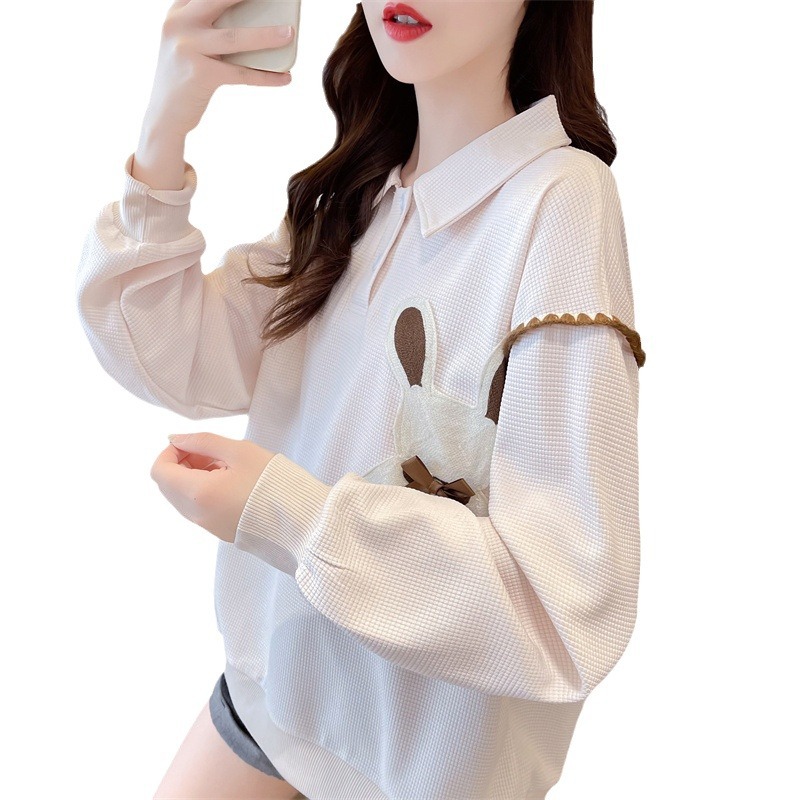 Waffle bordado suéter para las mujeres 2023 otoño y el invierno Nuevo flojo adelgaza lindo pequeño jersey de cuello POLO top