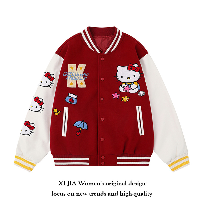 American Retro Hello Kitty Flocked Embroidered Baseball Jacket for Women and Men 2025 Autum Raglan Sleeve Loose Jacket