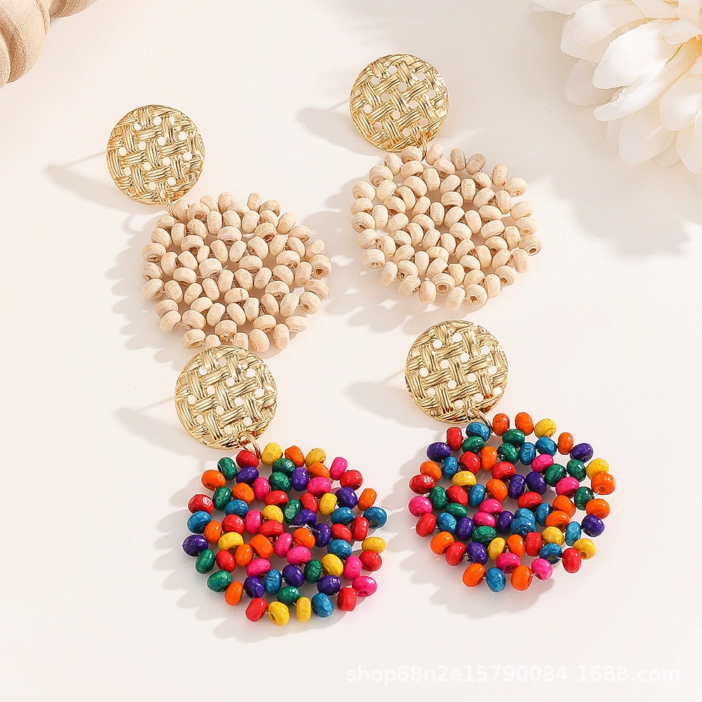 Серьги с бусинами, бестселлер Amazon, ручная работа, плетение из бамбука, красочные, свежие, очаровательные, индивидуальные украшения, геометрический стиль, стиль Ins.