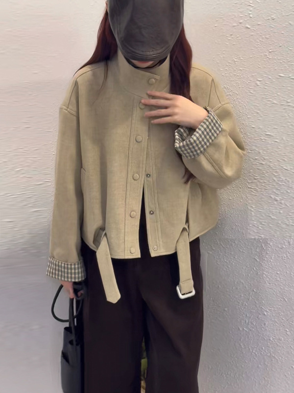 韩系格子拼接毛呢外套女秋冬款高级感气质显瘦百搭立领单排扣上衣|undefined