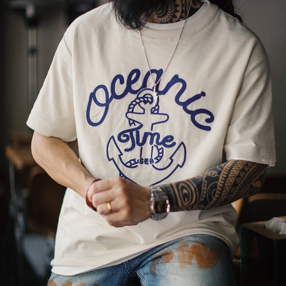 Retro navy white bamboo summer T-shirt