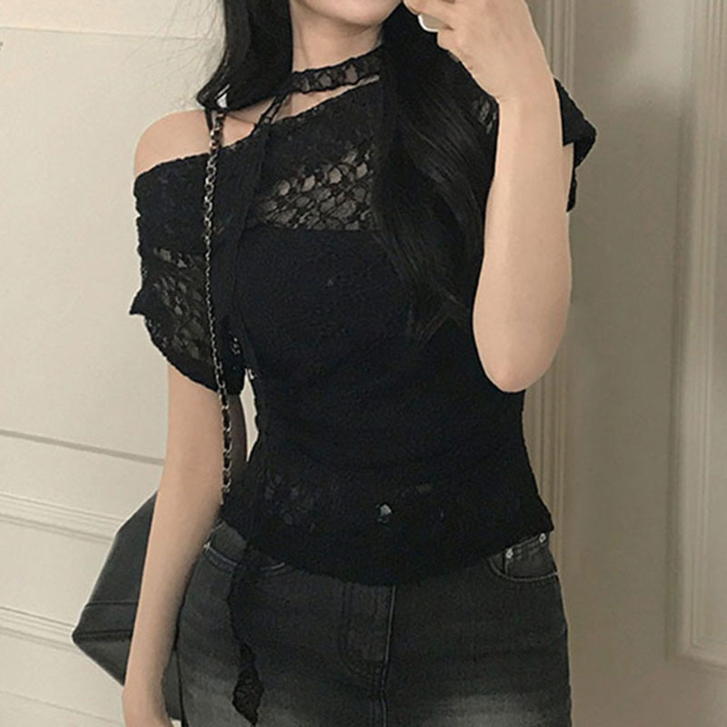 New solid color halter neck tie-up off-shoulder short top, lace slim-fit hollow-out short-sleeve one-shoulder T-shirt New solid color halter neck tie-up off-shoulder short top, lace slim-fit hollow-out short-sleeve one-shoulder T-shirt