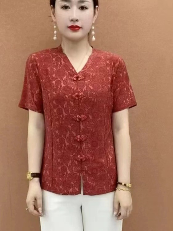 新しい中国風ママトップス婦人服夏 2025 新しい気質中高年女性のボタン付きレトロシャツ Tシャツ|undefined