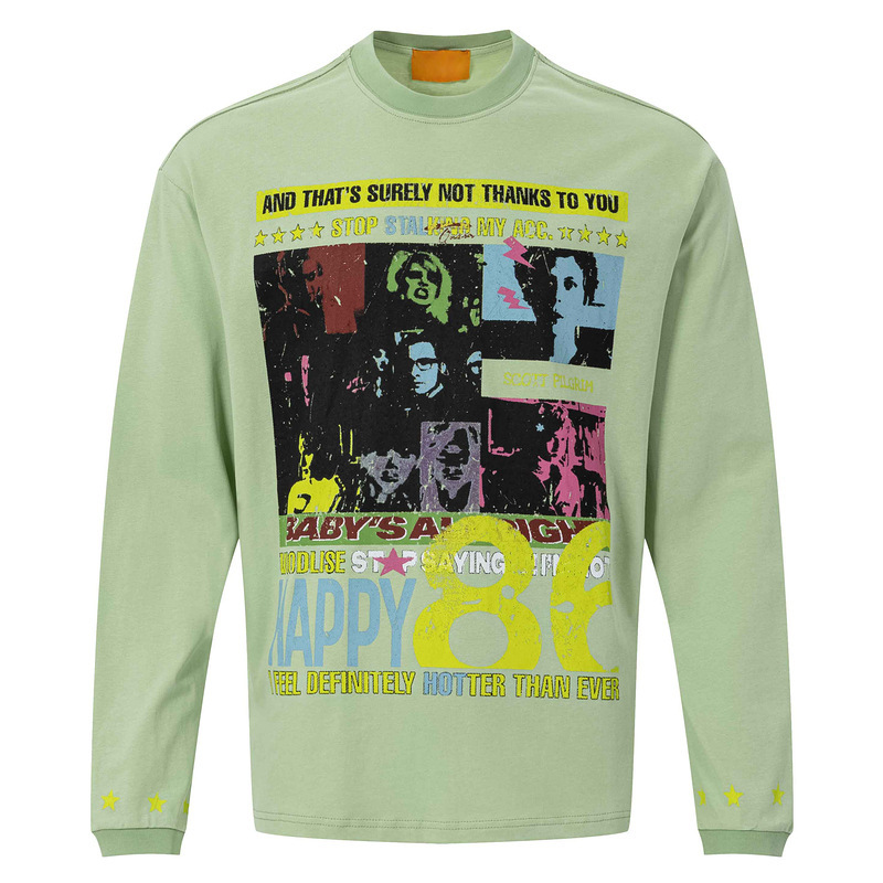 Colorful vintage portrait collage poster multi-layered English slogan cuffs five-pointed star loose American style long-sleeve T-shirt for men Colorful vintage portrait collage poster multi-layered English slogan cuffs five-pointed star loose American style long-sleeve T-shirt for men