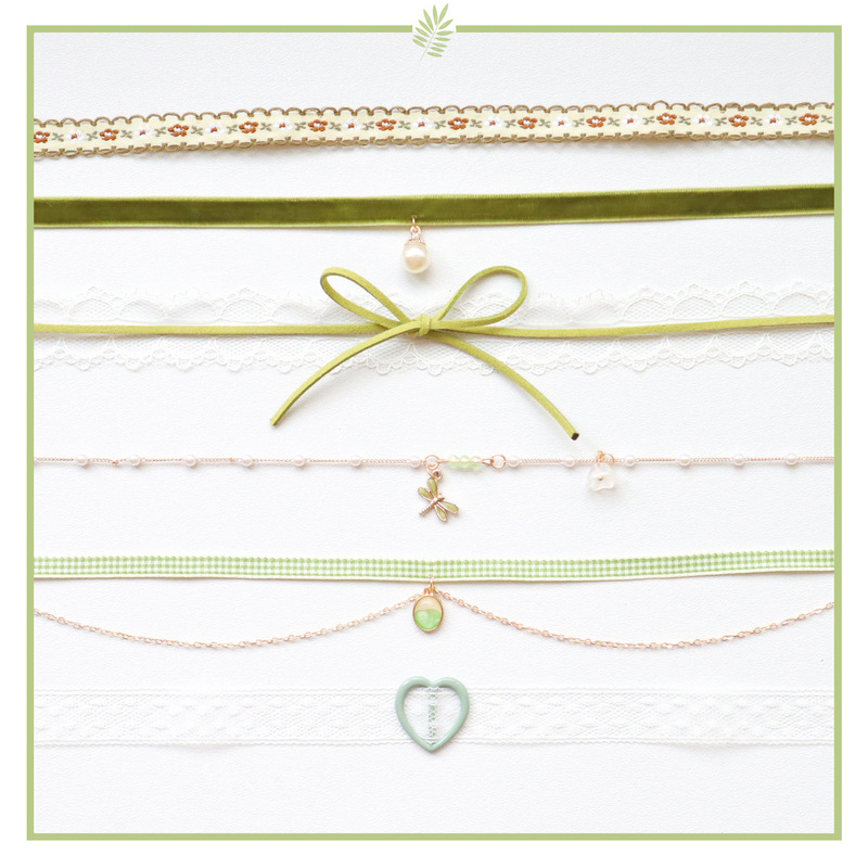 Forest Soft Girl Jewelry Girl Green Neckband Peach Heart Bow Necklace Choker Collar Clavicle Chain Necklace