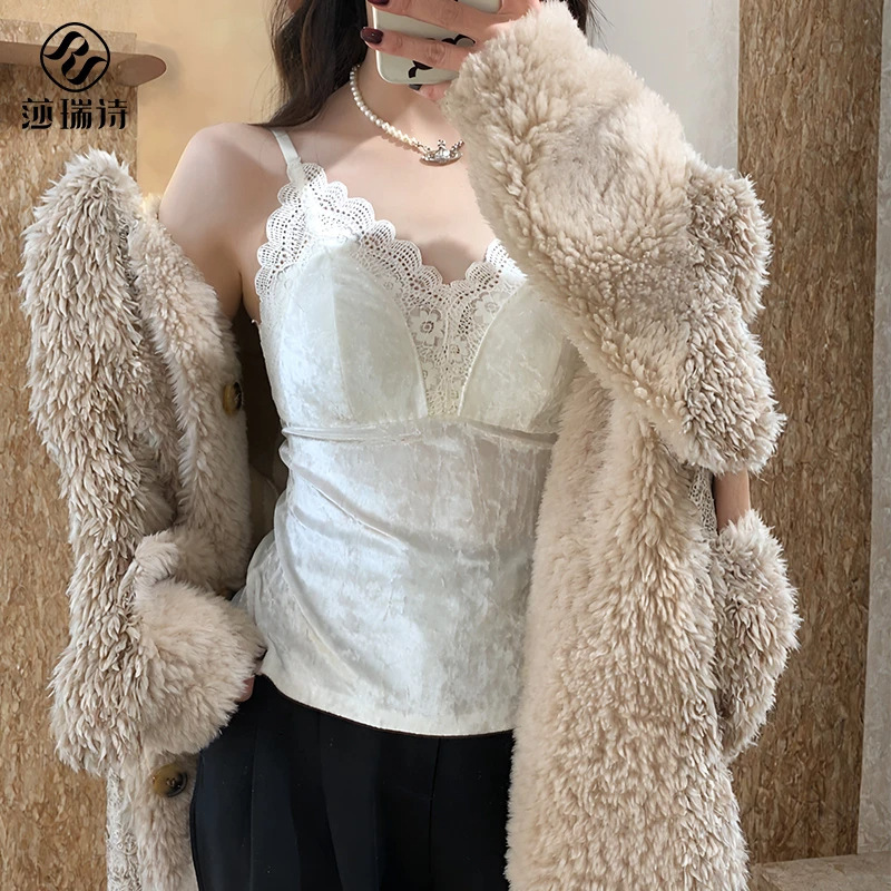 Shari Silk Velvet Lace Inner Thermal Vest Sexy Fashion Autumn and Winter Light Luxury French Camisole Solid Color Base Layer