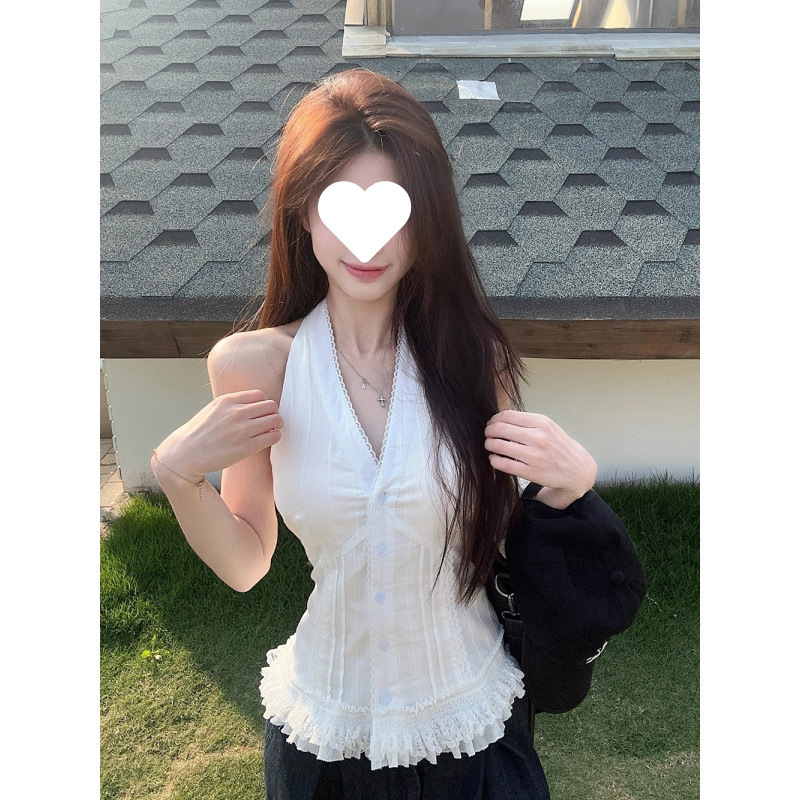 法式蕾丝挂脖吊带背心女夏季气质开衫外穿绝美显瘦鱼骨无袖上衣女|undefined