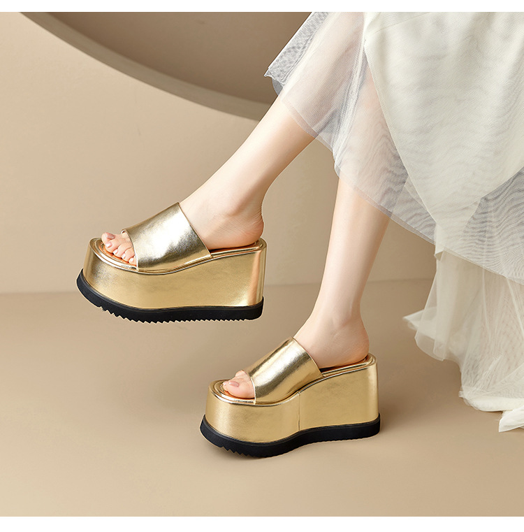 Dép sandal quai ngang da thật đế xuồng cao 8 cm phong cách Âu Mỹ — Màu bạc 10cm, Màu bạc 8cm, Màu vàng kim 10cm, Màu đen 10cm chi tiết 10