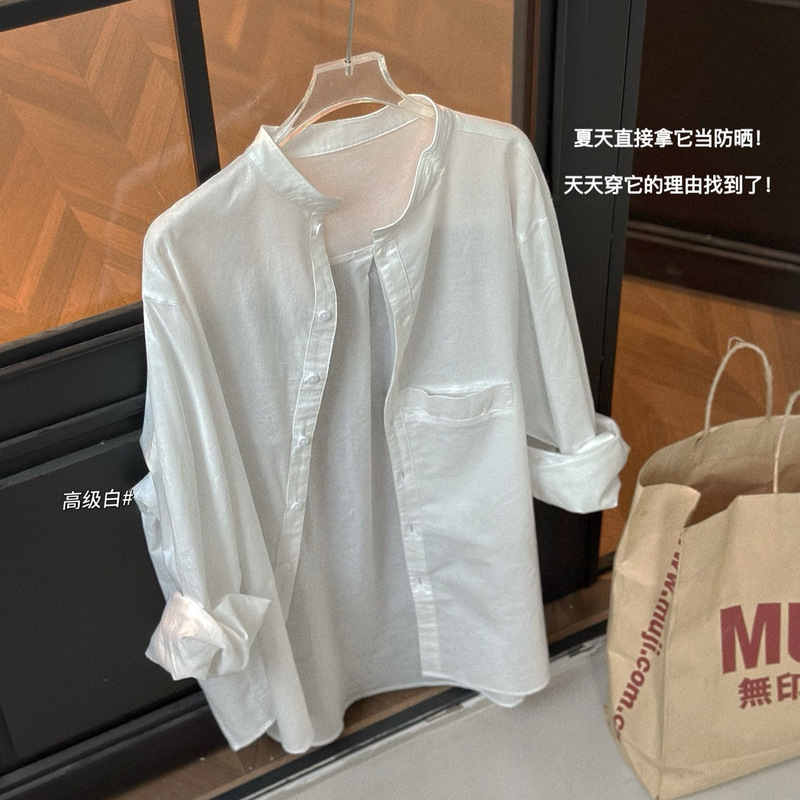 Old Money Style Stand Collar Linen Shirt for Women, Summer, Petite, Loose Fit, Long Sleeve, Sun Protection, Plus Size, Thin Outerwear Top