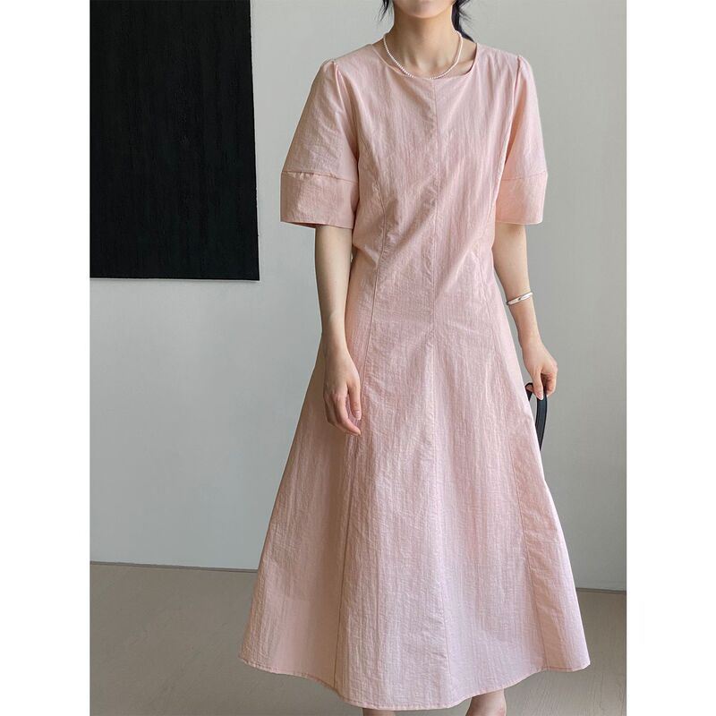 French Style Elegant Commuter Puff Sleeve dress Women's High-grade Crewneck Lace-up Waisted Slim-fit Dress E7785