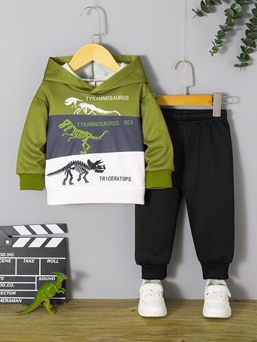 INS Baby Toddler Boys Spring and Autumn Fleece Hooded Dinosaur Alphabet Print Long Sleeve Top and Pants