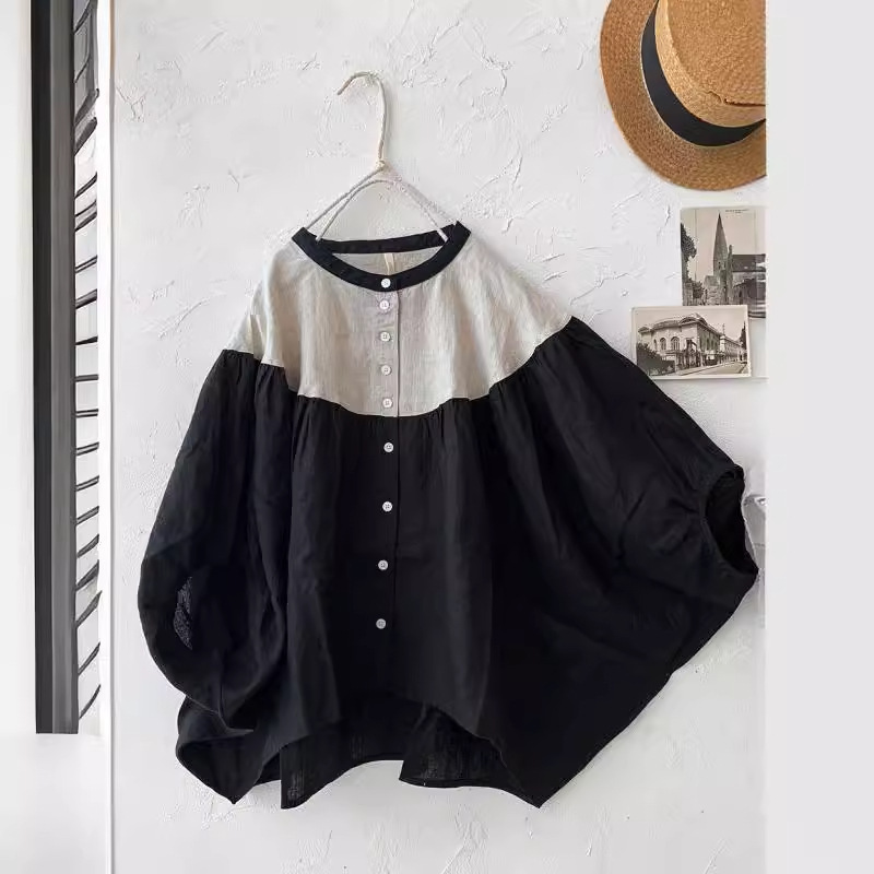 Japanese-Style Linen Patchwork Shirt for Women, New Spring Model, Sweet and Youthful, Artistic and Versatile, Round-Neck Babydoll Shirt for Women Japanese-Style Linen Patchwork Shirt for Women, New Spring Model, Sweet and Youthful, Artistic and Versatile, Round-Neck Babydoll Shirt for Women