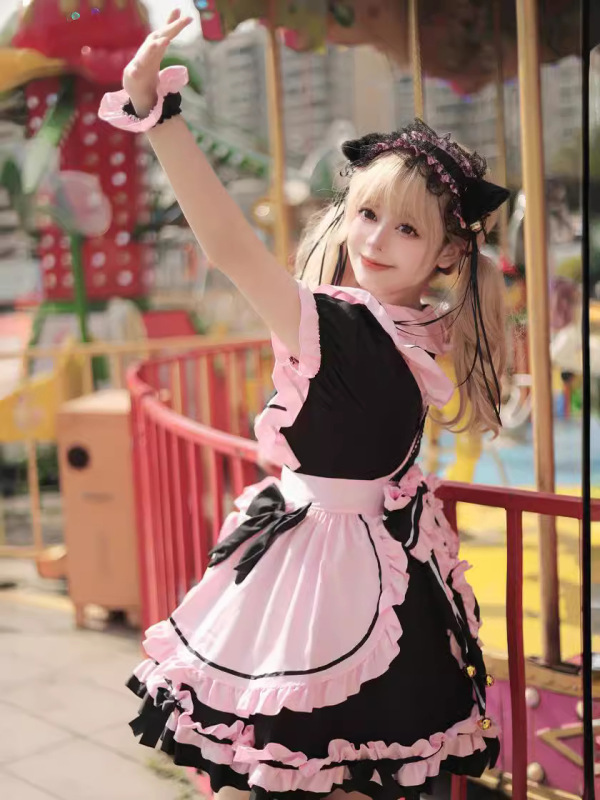 新品 ~ 日系Lolita黒粉メイド服cos甘美少女かわいい猫蝶結びソフト妹セット|undefined