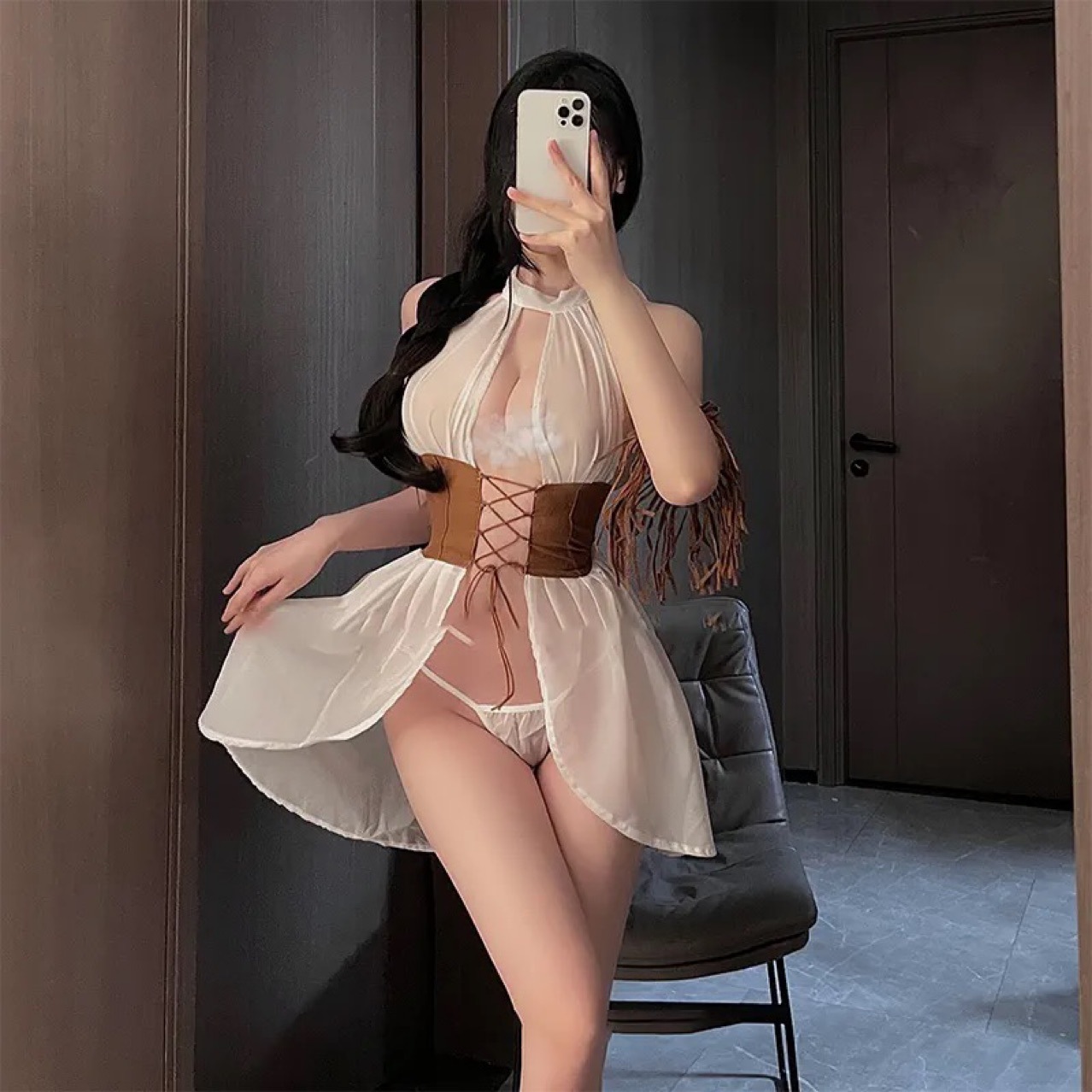 White Lace-up Hollow-out Jumpsuit Lingerie Set with Arm Ring and Panty — detail image 3