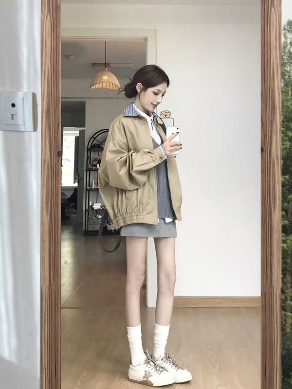 美式复古巴恩风格子拼接工装外套女秋季感宽松翻领开衫夹克潮|undefined
