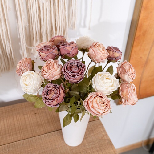 Home decoration single branch snowy burnt edge rose wedding INS style artificial flower cross-border wholesale fake flower MW66011